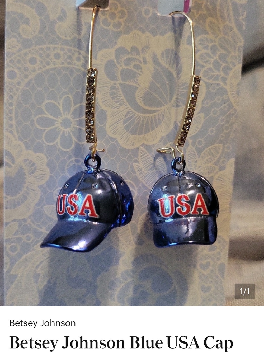 Betsey Johnson Metallic Blue USA Cap Dangle Earrings